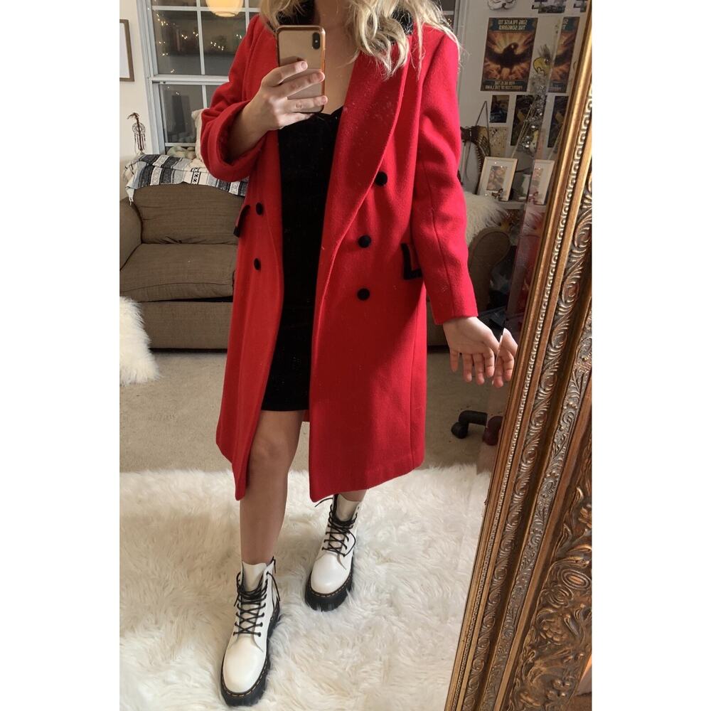 vintage wool red and black velvet Pea coat girls or petite 1960s